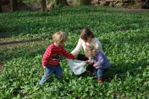 Cath and kids picking wild garlic leaves at wowo campsite