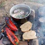 sausage stew and wild garlic cooked on campfire at Wowo