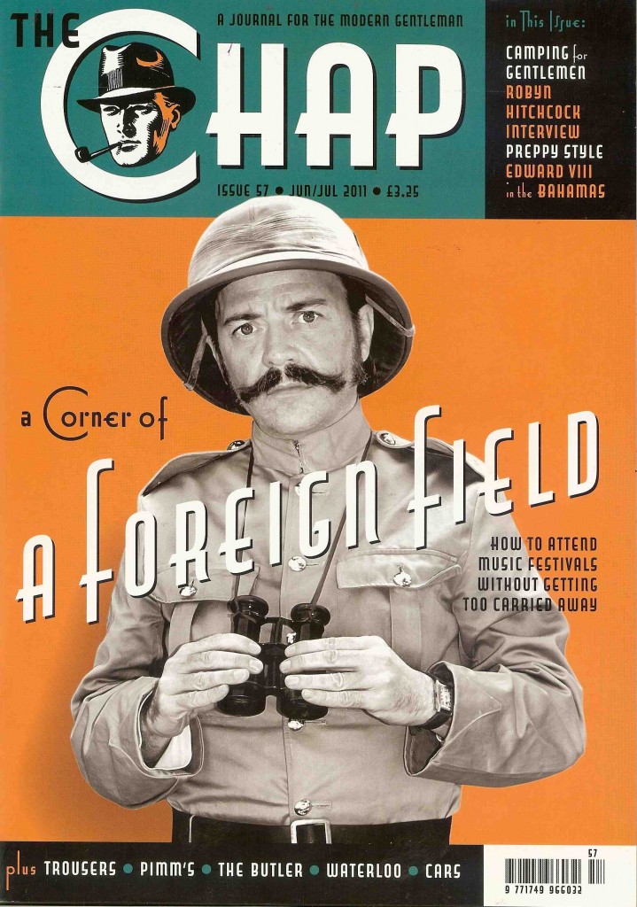 Cover of the new issue of The Chap featuring a gentleman in pith helmet and binoculars
