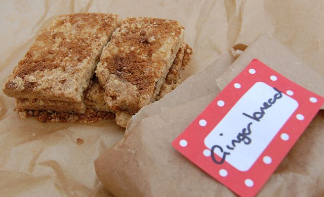 Gingerbread in its brown wrapping paper with a hand-drawn label